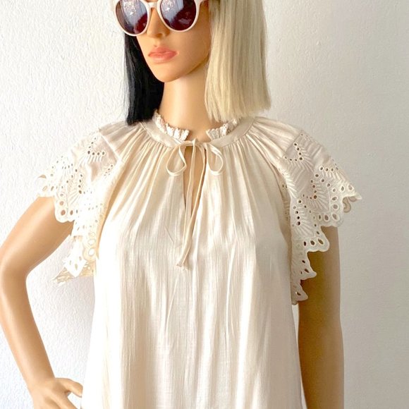 Boho Chic Shift Dress | Eyelet Lace Flutter Sleeve Dress | Cream Ivory Dress XS - Picture 4 of 10